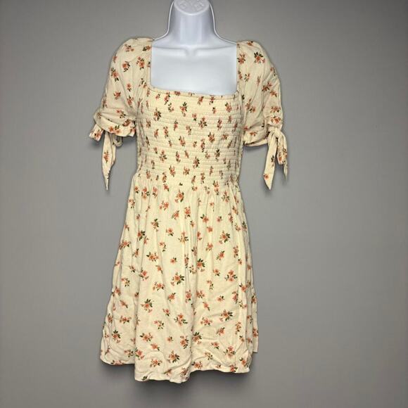 AE Cottagecore Coquette Romantic Smocked Floral Tie Sleeve Mini Dress Sz S - Picture 1 of 6